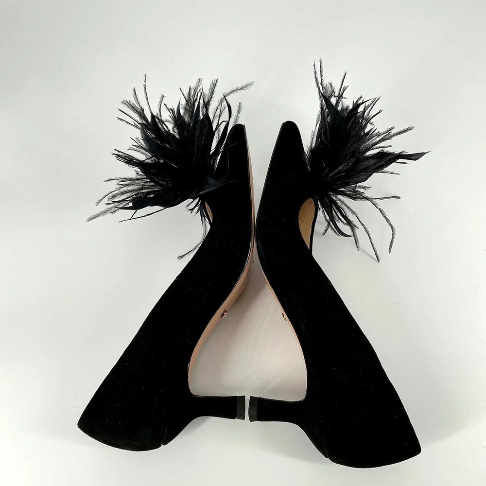 Pelle Moda Size 7.5 Black Suede Ostrich Feather Kitten Heel Pump NEW Kealie $165